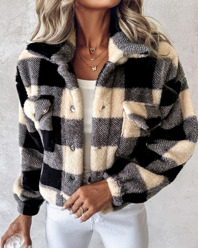 Jaqueta de pelúcia de lã quente feminina, casaco elegante, gola virada para baixo, bloco de cores, viajante, moda casual, novo, outono e inverno, 2023