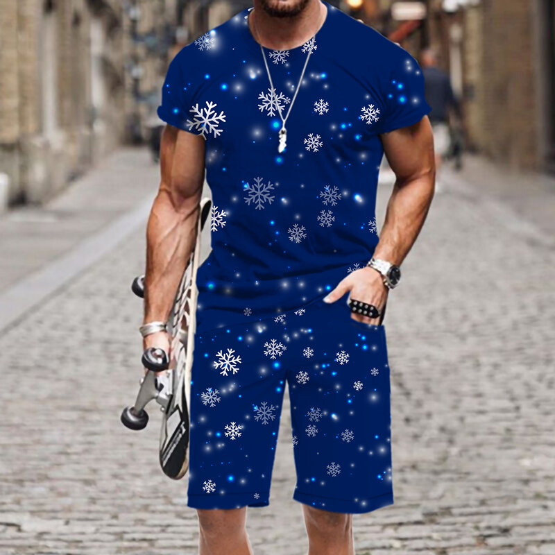 Men's T-shirt Shorts Set Summer Snowflake Outfit Tracksuit Fashion Tops Street 3D Printed 2022 New O Neck Short Sleeve Beach