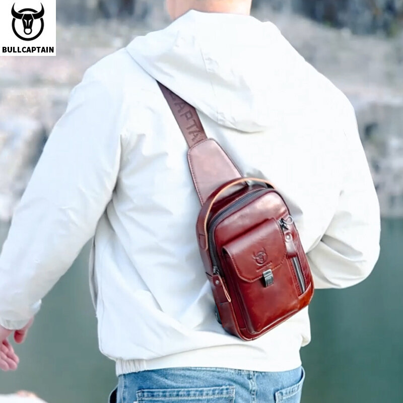 BULLCAPTAIN-حقيبة صدر من الجلد الأصلي للرجال ، حقيبة كروس بودي متعددة الوظائف ، ضد السرقة ، حقيبة هاتف محمول كلاسيكية ، كاجوال ،