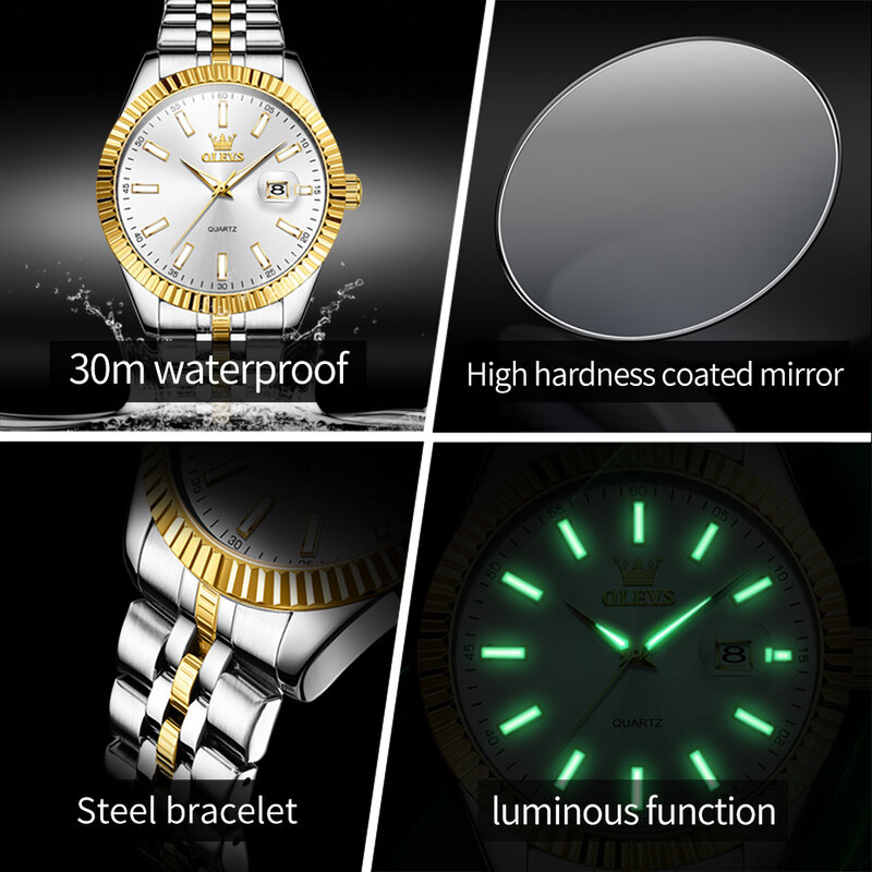 OLEVS-reloj analógico de acero inoxidable para hombre, accesorio de pulsera de cuarzo resistente al agua con calendario, complemento masculino de marca de lujo con diseño Original y luminoso