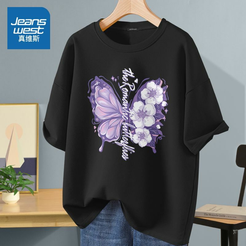 Kaus lengan pendek kasual wanita, T-shirt dasar musim panas Chic motif kupu-kupu katun murni, kaus atasan leher-o pullover longgar S-5XL