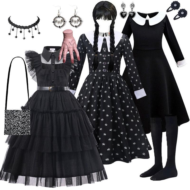 Halloween Wednesday Merlina Adams kostium dziewczęcy dla dzieci dziewczynka fantazyjne karnawałowe przyjęcie tiulowe sukienka gotycki strój Vestidos dzieci