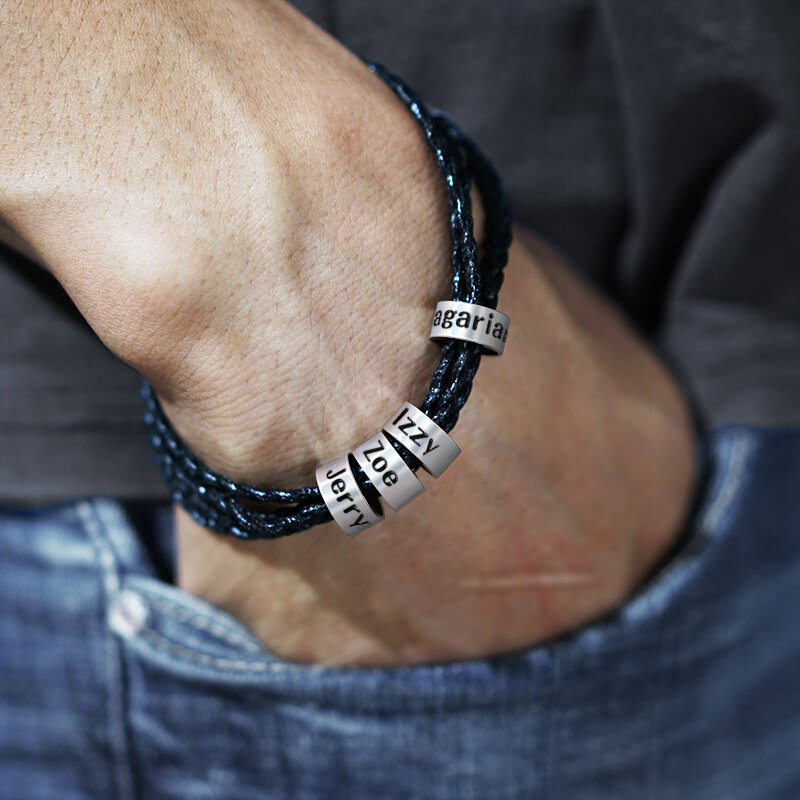 Индивидуальный мужской кожаный браслет из нержавеющей стали для подарка на День отца, семейный подарок, персонализированный именной браслет с бусинами, ювелирные изделия