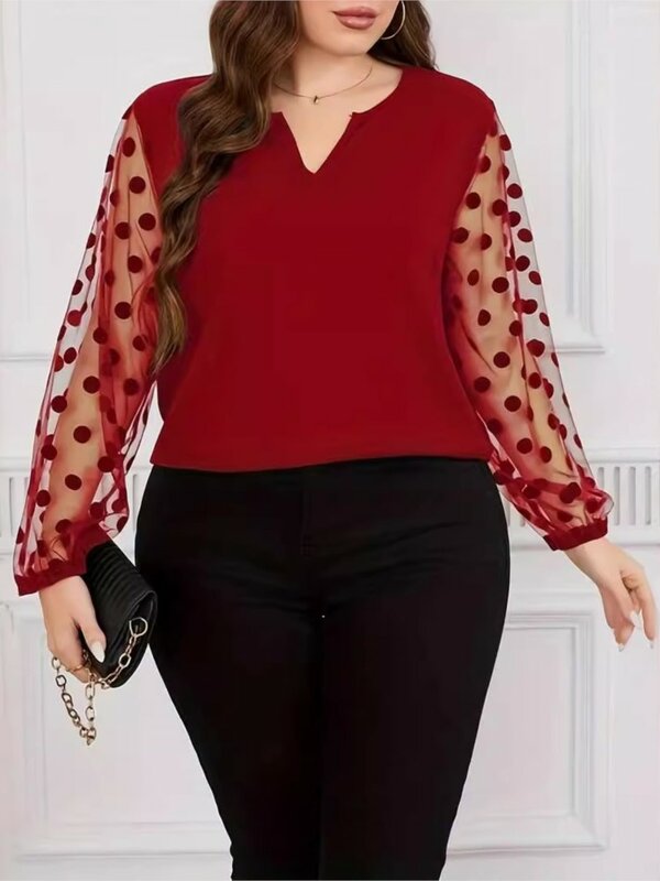 Plus Size Zomer Pullover Tops Vrouwen Polka Dot Patchwork Mesh Lange Mouw Mode Dames Blouses Losse Casual Vrouw Tops