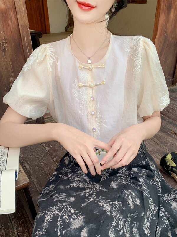 Женская рубашка в китайском стиле, летняя маленькая рубашка с коротким рукавом и вышивкой, в стиле ретро, на пуговицах