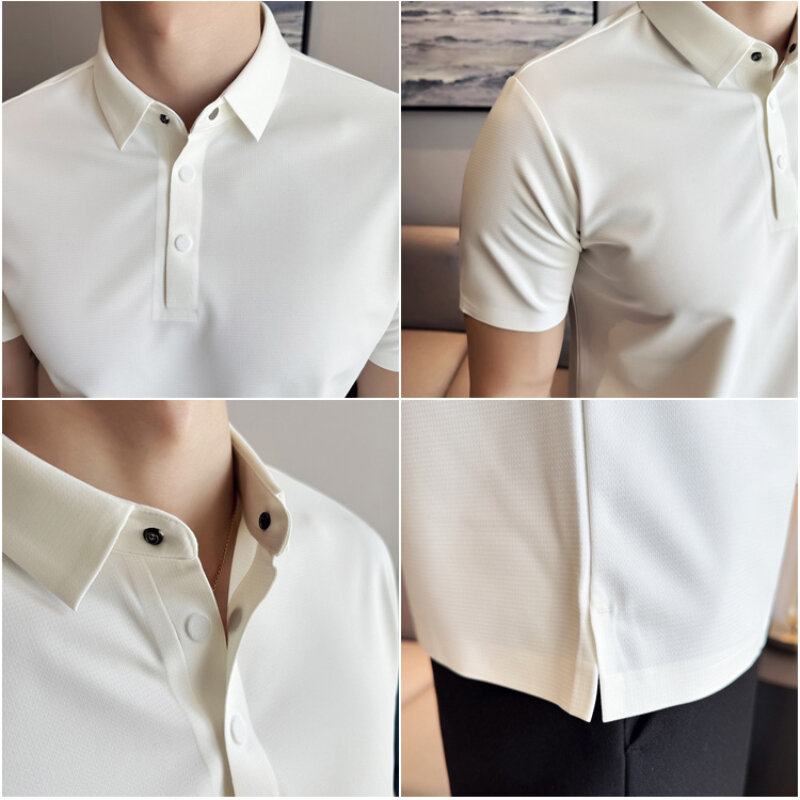 Men's Summer Short Sleeve Golf Shirt, Magnetic Buckle High-Grade Thin Polo Shirt, Waffle Seamless Thin Short Sleeve Top