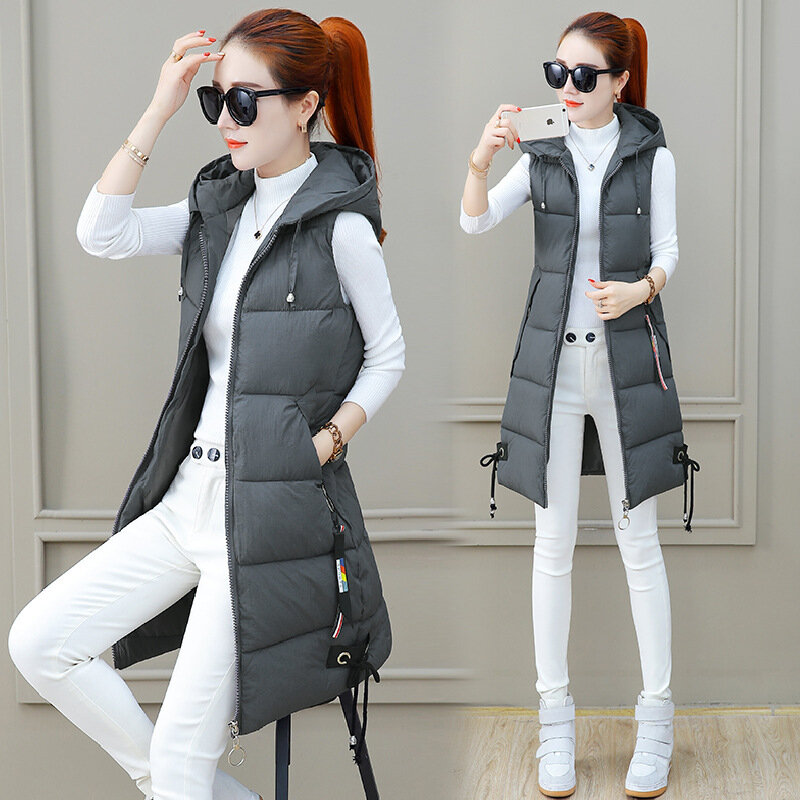 Модная женская стеганая куртка с капюшоном жилет средней длины осенне-зимнее холодное пальто Теплый кардиган без рукавов облегающая Корейская куртка