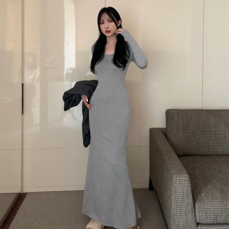 Vintage Sexy Long Sleeve Dress Women Slim Bodycon Korean Elegant Fall Spring U-Neck Long Woman Fishtail Skirt Vestidos De Mujer