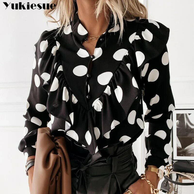Blusa elegante con volantes para mujer, camisa con estampado de leopardo y lunares, blusa informal de manga larga con cuello en V para verano, 2022