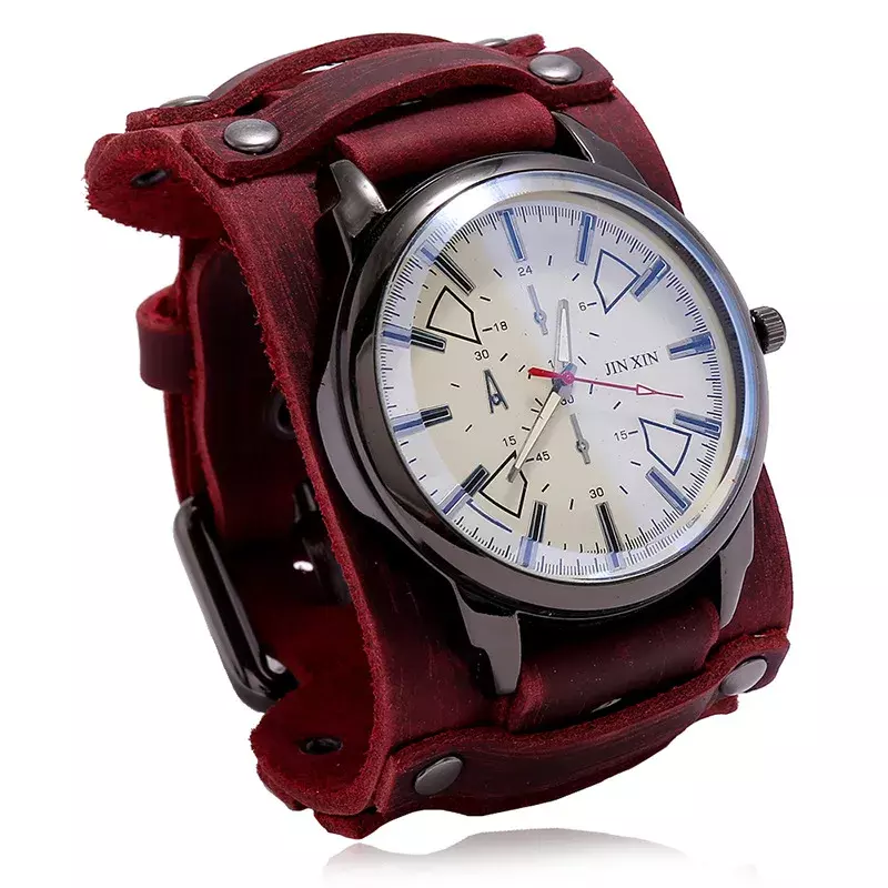 Montre-bracelet à quartz de luxe pour homme, 2023 cuir de vachette, bracelet de montre, style punk, bracelets larges en cuir véritable