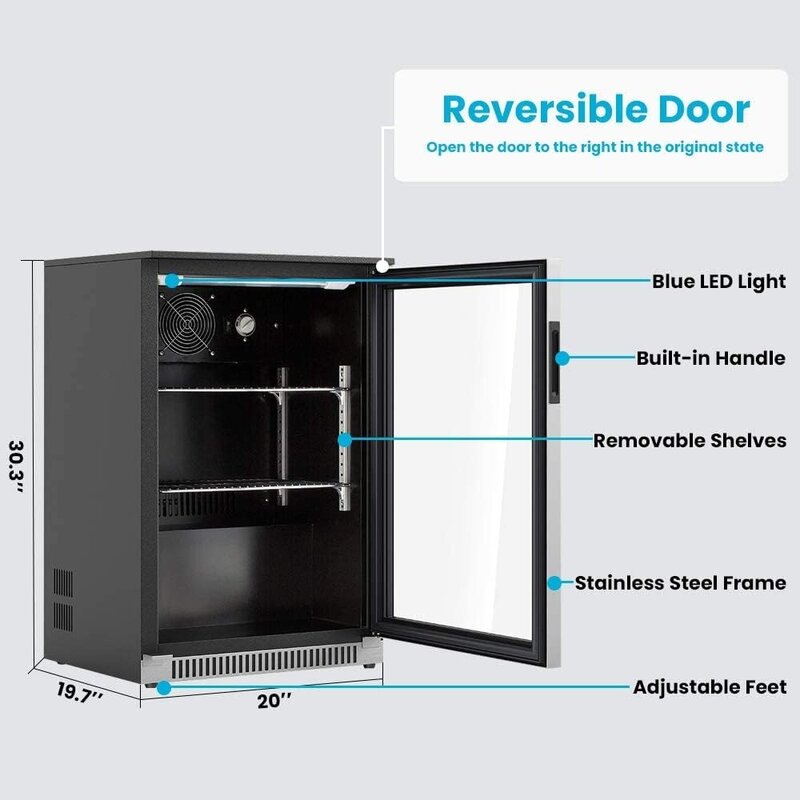 20-дюймовый встроенный холодильник для напитков с прозрачной стеклянной входной дверью,
