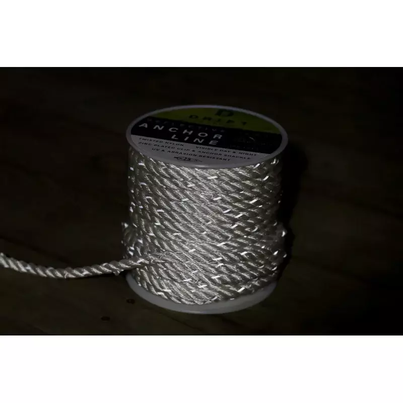 DRIFT 3/8” x 100’ Twisted Nylon Reflective Anchor Line with Shackle, White and Silver