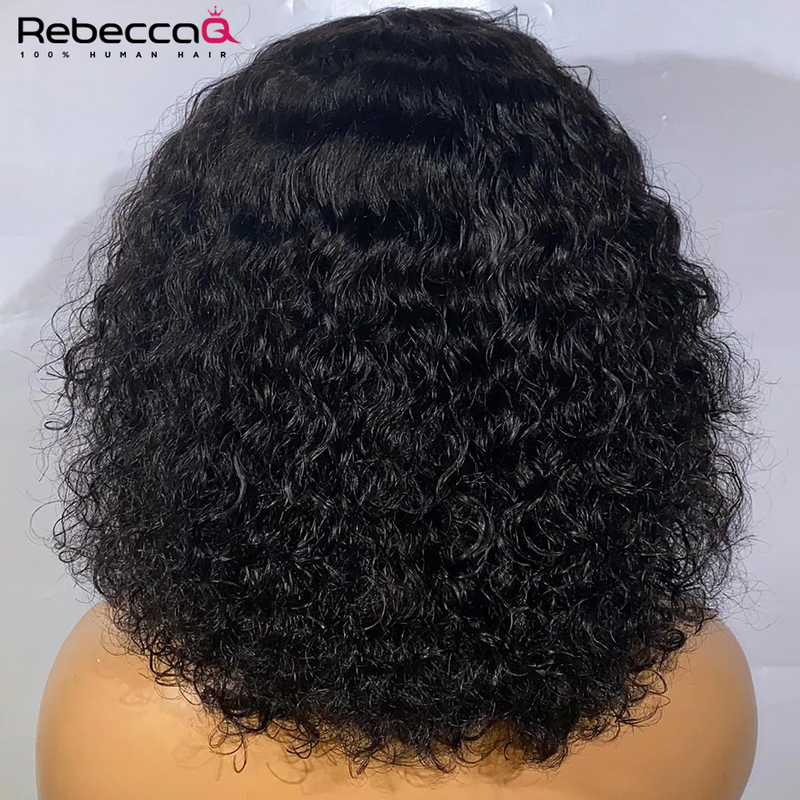 Short Curly Bob Human Hair Wig With Bangs Pixie Bob Cut Glueless Wigs Water Wave Full Machine Natural Black Cheap Wigs For Women