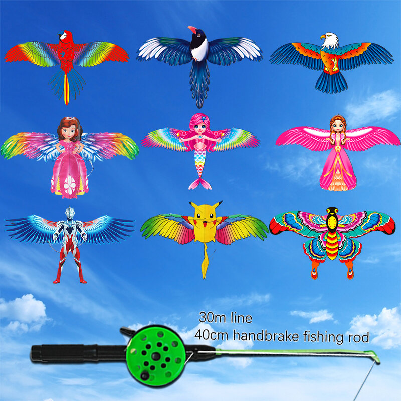 Детский летающий воздушный змей с ручкой, мультяшная бабочка, Русалка, попугай, волшебный Орлан, детский летающий воздушный змей, уличные игрушки, 1 комплект