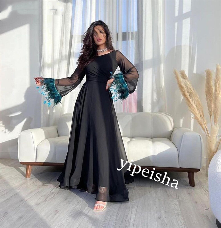 Jiayi Gong Jersey Feather Homecoming Linia A O-Neck Suknia na specjalne okazje Midi es Arabia Saudyjska