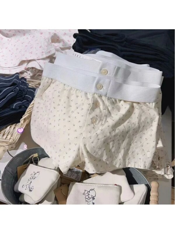 Botões frontais de algodão macio, shorts femininos, cintura baixa vintage, calça chique feminina casual, 2023, verão