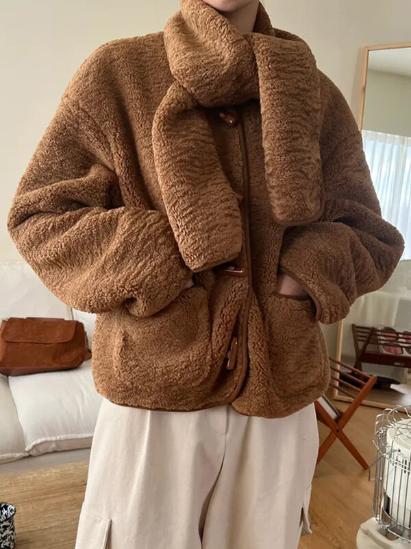 Jaket bulu imitasi wanita, mantel Parka dengan bulu, pakaian luar kancing tanduk, Busana Korea kasual longgar musim dingin