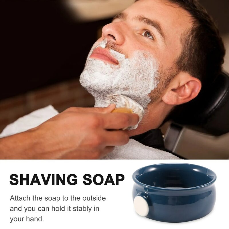 Taza de afeitar de cerámica para hombres, tazón, taza, hilo inferior, boca ancha, cepillo de afeitar y jabón de afeitar, azul oscuro