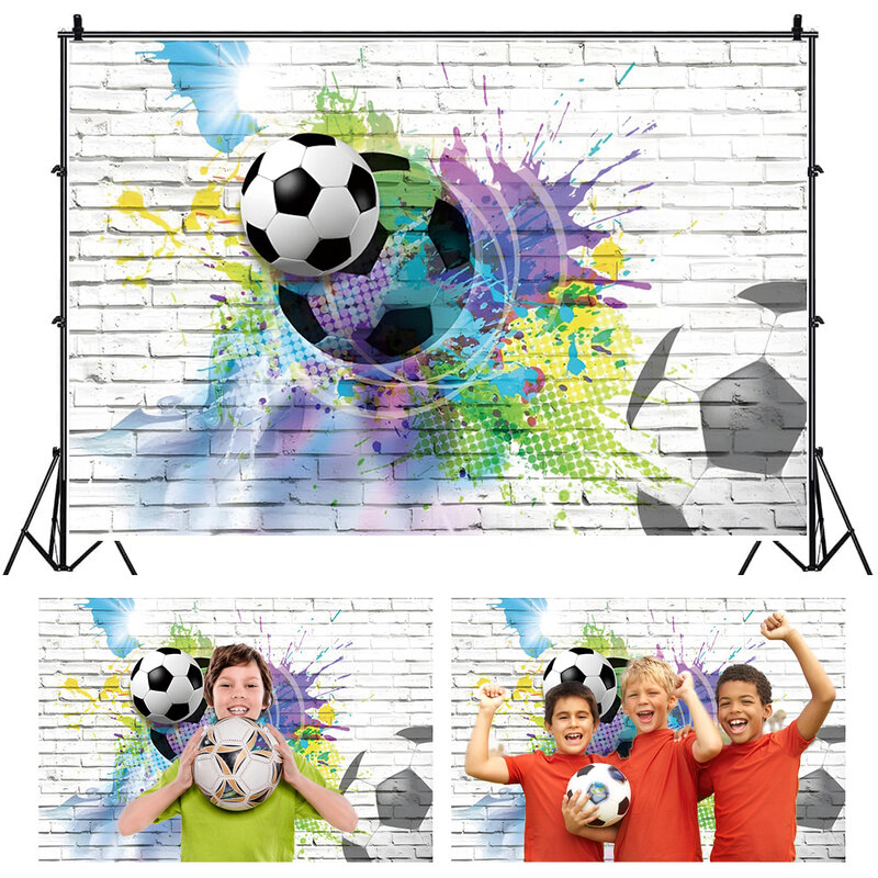 축구 테마 소년 생일 사진 배경, 흰색 벽돌 벽, 다채로운 그림, 축구 스포츠 초상화 배경 사진 소품
