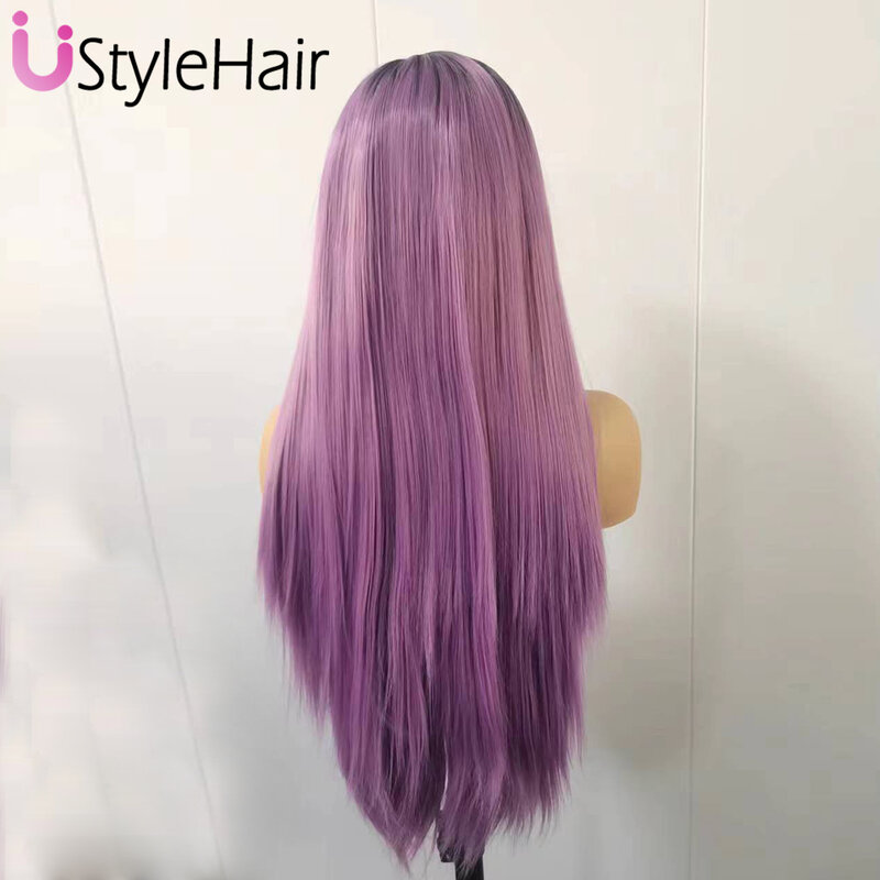 UStyleHair-peruca reta sedosa para mulheres, roxo ombre, longo, perucas dianteiras do laço, resistente ao calor, cabelo sintético, uso diário, Drak Root, 13x6