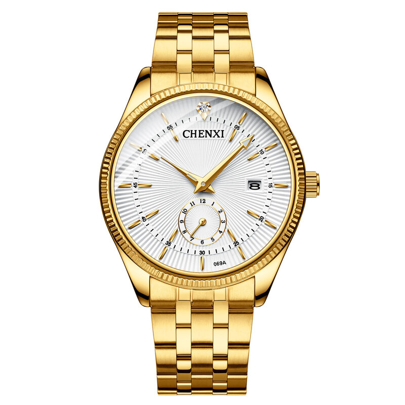 CHENXI jam tangan pasangan emas, arloji Quartz kasual Stainless Steel bercahaya kalender tahan air