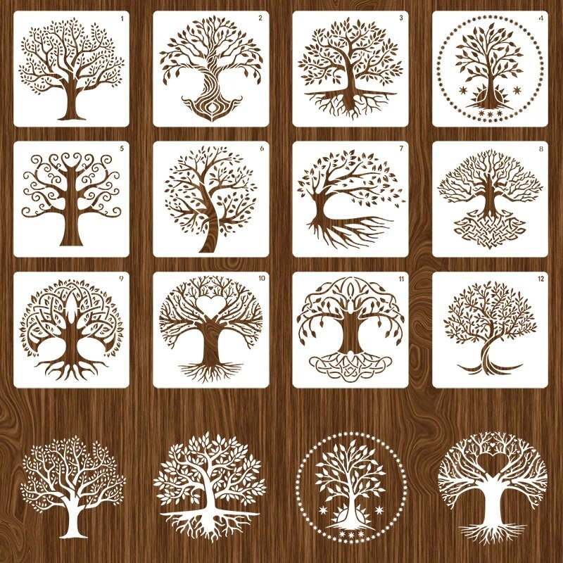 12 pezzi di stencil per alberi Set albero di legno stencil a strati fai da te pittura murale Scrapbook colorazione goffratura Album modello decorativo