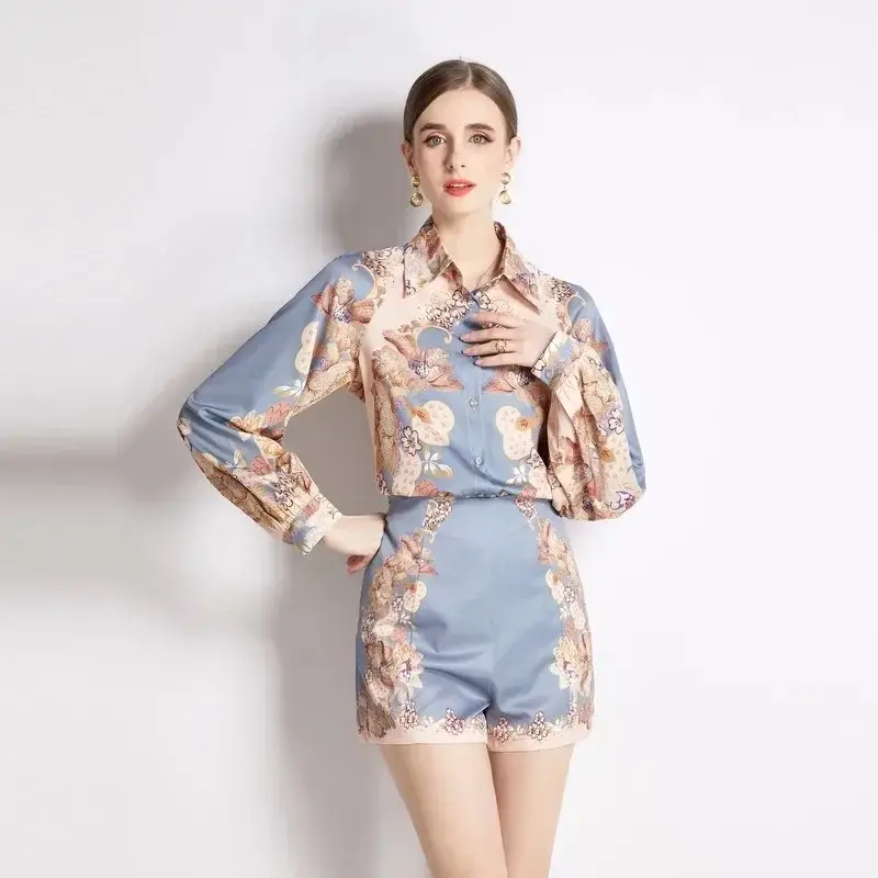 2024New Summer Runway Two Piece Shorts Set for Women Vintage Lantern Sleeve Shirt Tops and High Waist Shorts Suit Female Clothes
