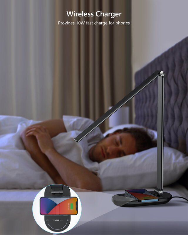 Lampu meja VOCOlincLED tanpa kabel, lampu kantor dapat dilipat kecerahan adaptif pintar, lampu samping tempat tidur untuk ReadiAPP perawatan mata lampu meja ambient pintar lampu baca desktop lampu baca WiFi samping tem