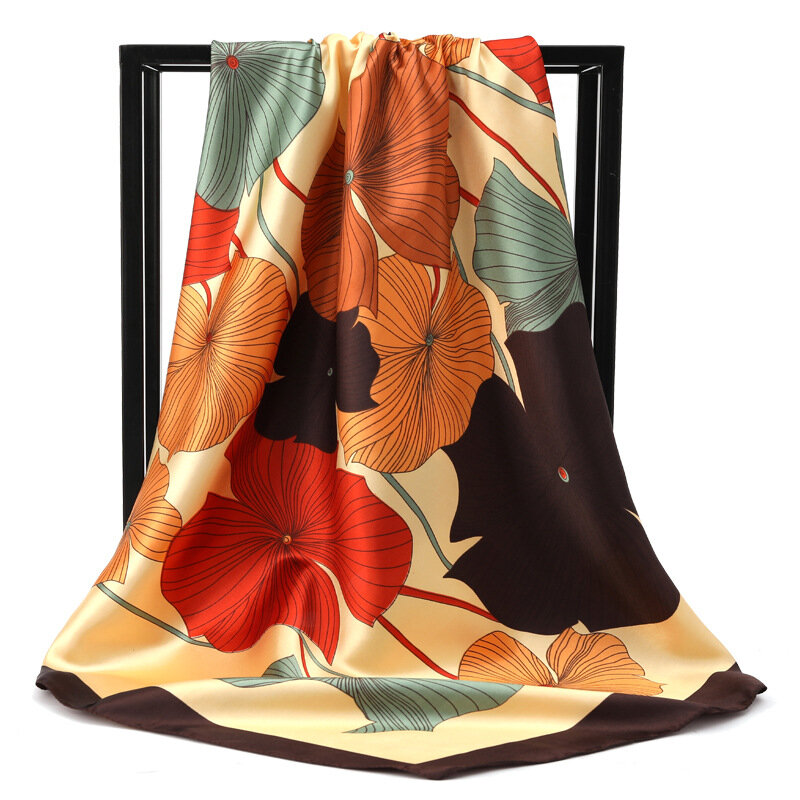Большой квадратный шелковый шарф 90*90 см, тюрбан с рисунком кленовых листьев, искусственный Шелковый Атласный головной убор для женщин
