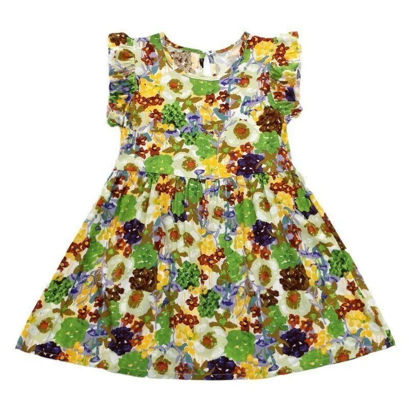 Size 100-170 Casual Girls Dresses Summer New Breathable Popline Petal Sleeve Cute Flowers Printed One Piece Dress
