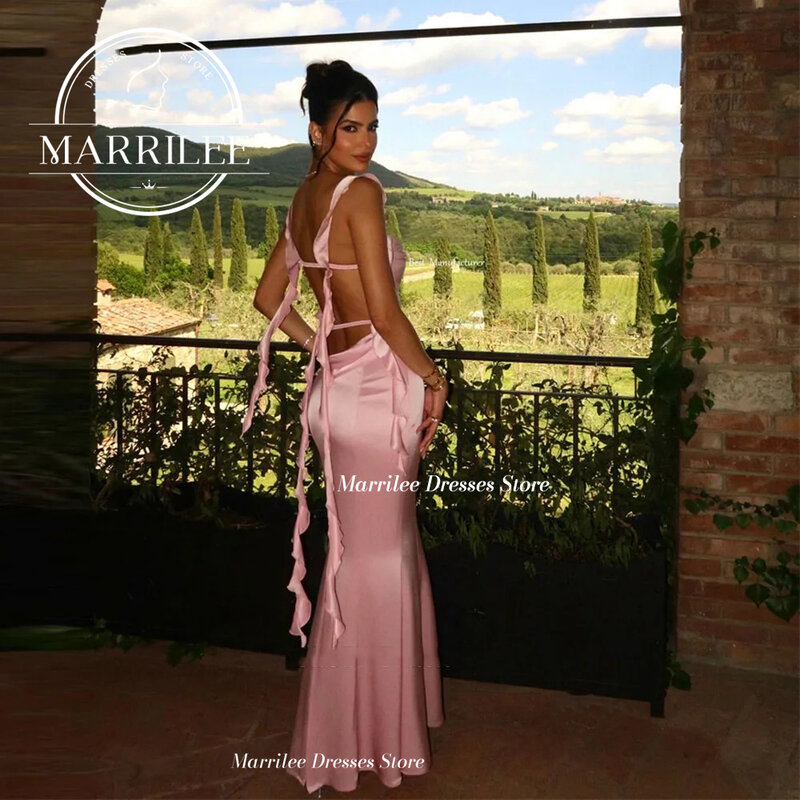 Marrilee Open Back Sexy Pink Mermaid Spaghetti Strap Stain Evening Dress Lace Up Floor Length Sleeveless Elegant Prom Party Gown