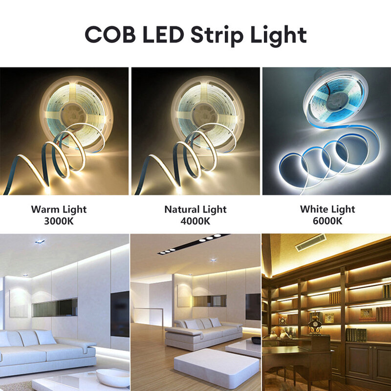 COB Strip Light 480 LED Высокая плотность Гибкая лента шириной 8 мм Лента с регулируемой яркостью RA90 DC12V 24V для шкафа Домашнее освещение DIY