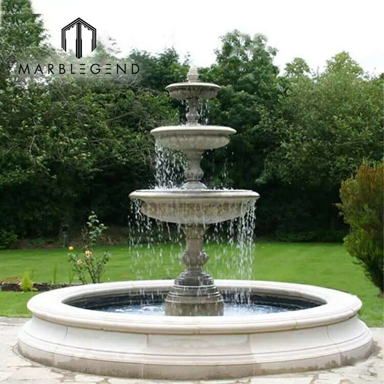 Fontaine d'Eau en Marbre à 4 Niveaux pour Décoration de Jardin, Grande Pierre Carimplantée, Extérieur Classique