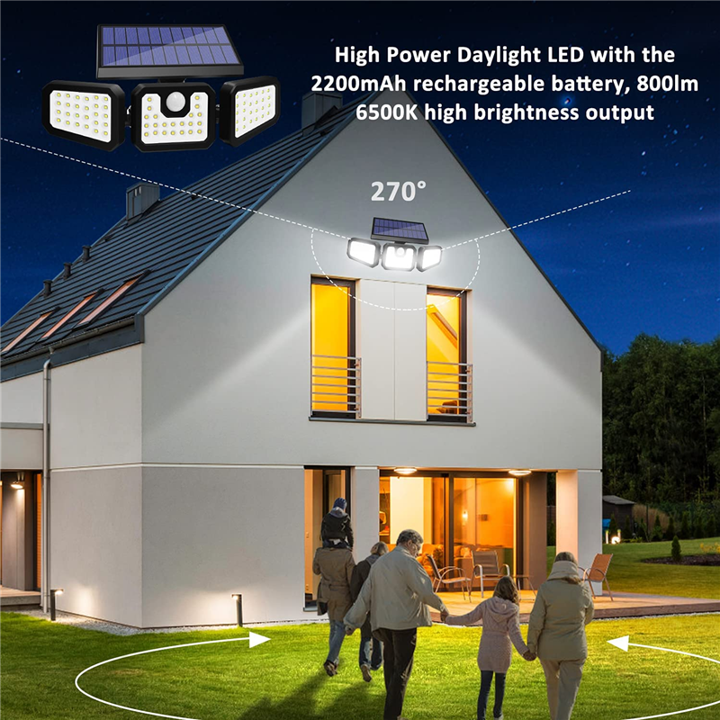 Projecteur LED solaire avec détecteur de mouvement, 3 têtes de sécurité, éclairage d'extérieur, idéal pour un Garage ou une cour