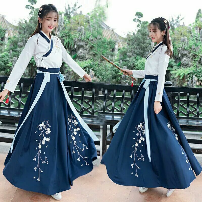 Hanfu pakaian trasional Cina wanita, kostum gaya kuno pakaian sehari-hari siswa rok kerah setelan performa pakaian Pria Wanita