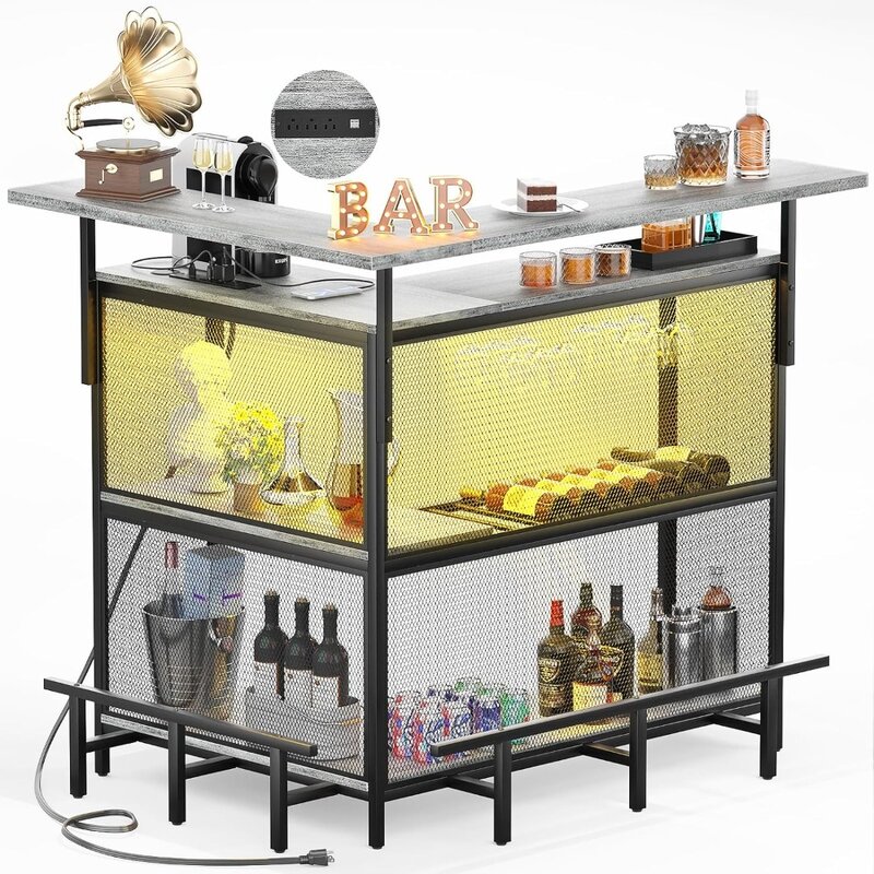 L Shaped Bar gabinete com saída e luz LED, apoio para os pés e vinho vidro Rack, armazenamento para cozinha