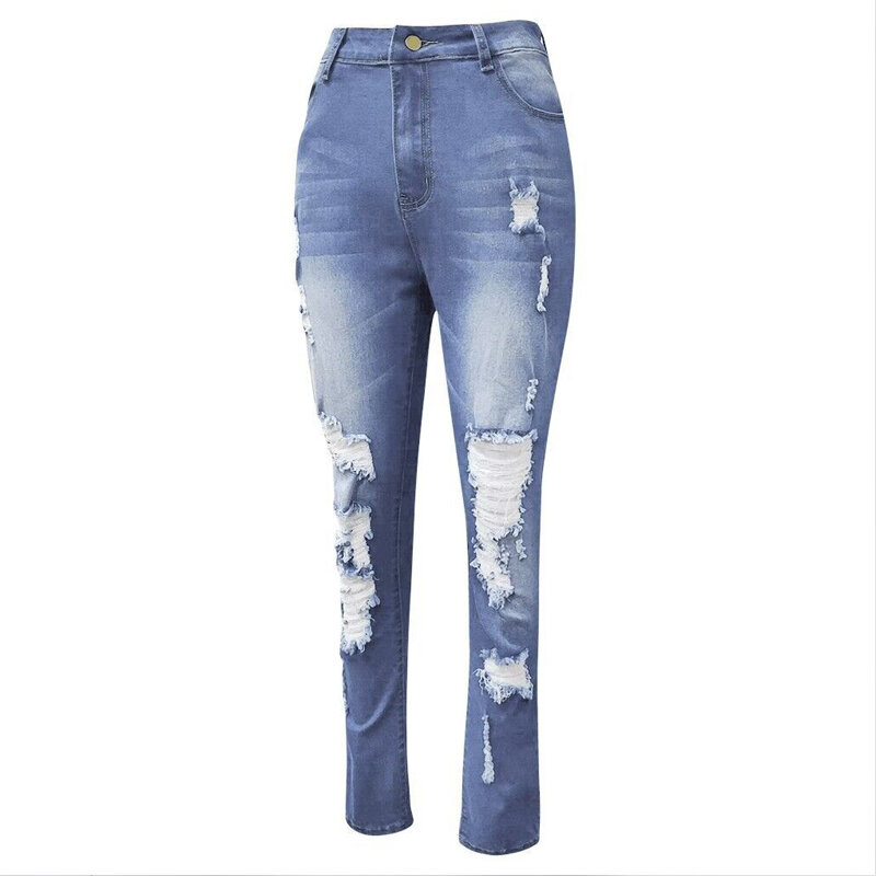Jeans rasgado para mulheres, alta qualidade, meados da cintura, casual, solto, reto, nove pontos, novo design de verão