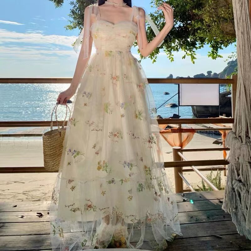 أتباع جيو خرافية فستان زفاف كوري ، تصوير حزام السباغيتي ، طول الأرض ، ثوب المساء ، الصيف