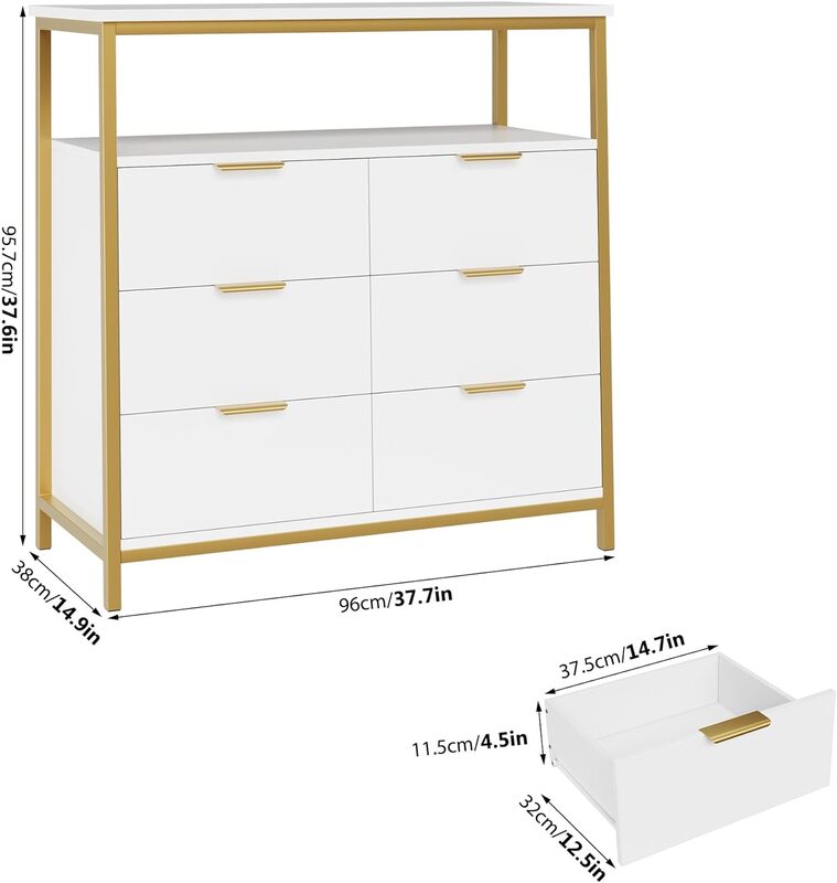 Moderne weiße Kommode, Kommode mit 6 Schubladen und Regal, Kommode aus Holz mit stabilem Stahlrahmen, große Kapazität für das Wohnzimmer