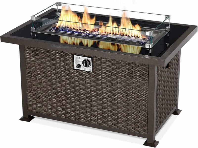 44in Outdoor Propane Gas Fire Pit Table, 50,000 BTU Auto-Ignition Gas Firepit with Glass Wind Guard, Black Tempered Glass