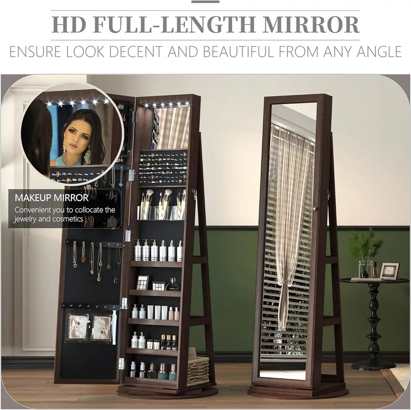 LVSOMT-armario de joyería giratorio de 360 ° con espejo de longitud completa, armario de joyería independiente, armario de joyería giratorio de 360 ° para dormitorio