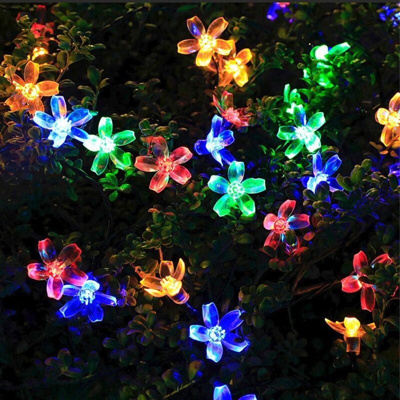 Luz solar do jardim com flor de cerejeira, luzes de corda, luz impermeável do gramado, festão do pátio exterior, 5m, 7m, 12m