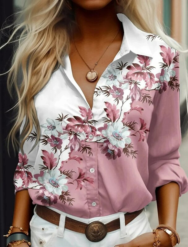 Mode Damesoverhemden & Blouses, Roze Bloemenprint Shirt,2024 Lente En Zomer Groot Formaat Dameskleding Temperament Blouse Top