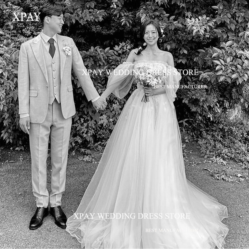 Xpay einfach eine Linie koreanische Brautkleider träger los kurz schulter frei boden lange Brautkleider mit Zug vestido de noiva
