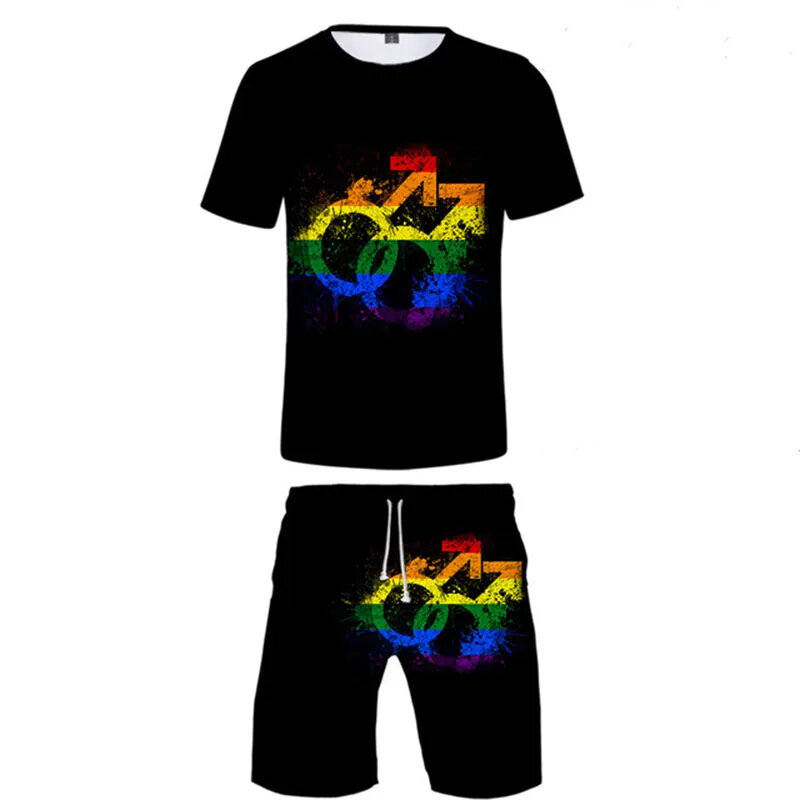 다채로운 요소 패션 3D 프린트 남성 티셔츠 세트, 레인보우 O-넥 티 반바지, 캐주얼 하라주쿠 맨투맨, 2 피스 세트