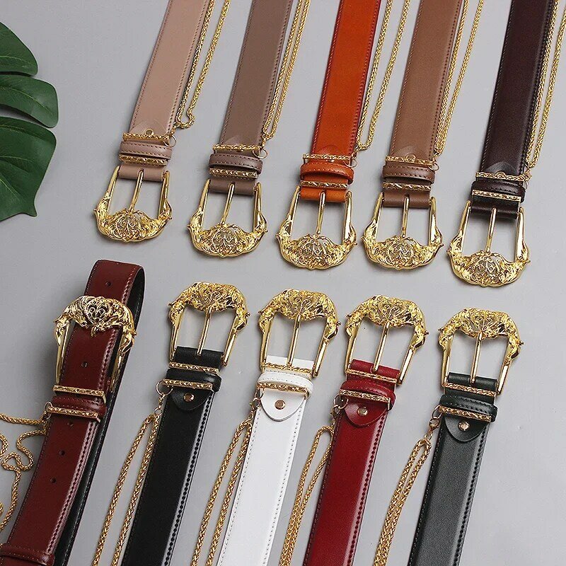 2024 Luxury Cowhide Belt with Metal Chain Solid Genuine Leather Waist Belt  Jean Pant Strap Fashion Punk Cow Leather Women Belt
