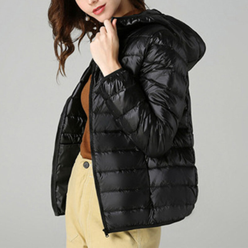 여성용 플러시 후드 스탠드 칼라 재킷, 초경량 스탠드 칼라, 퍼퍼 다운, 겨울 야외 착용