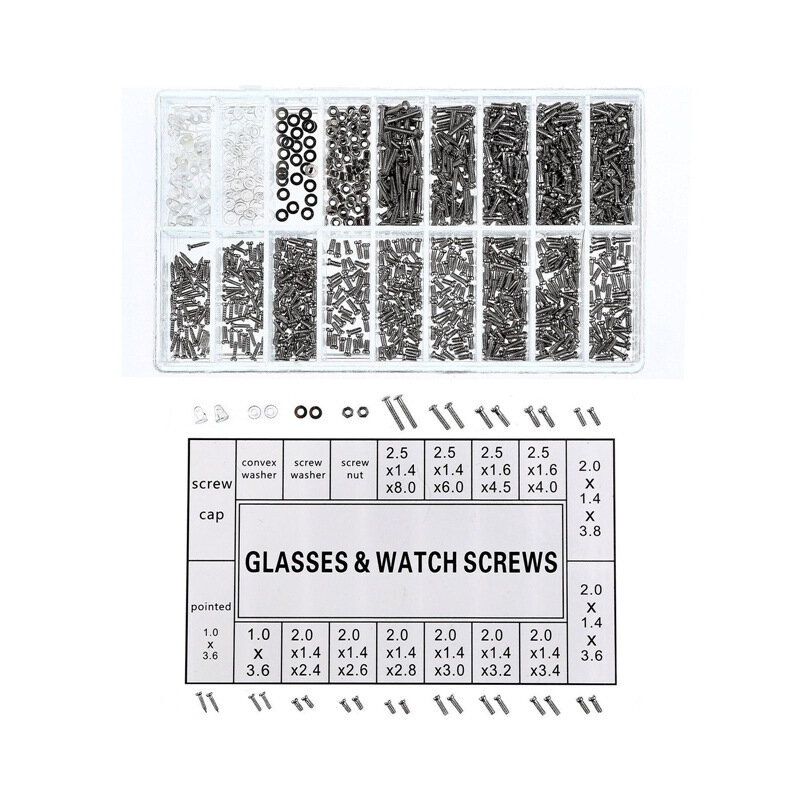 1000 Buah Kotak Aksesori Sekrup Kacamata/Jam Tangan Sekrup Baki Hidung Set Sekrup Perbaikan Kacamata 18 Grid