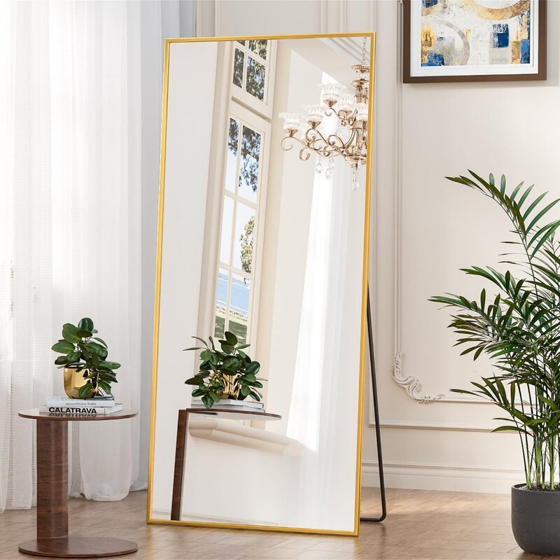 أنتوك-مرآة أرضية بطول كامل مع حامل ، مرآة ذهبية كبيرة ، جسم غرفة النوم ، 71 × 32 بوصة