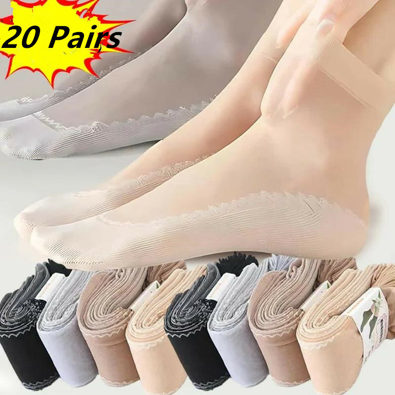 ถุงเท้าผ้าไหมเนื้อนุ่มสำหรับผู้หญิง20คู่ถุงเท้าผ้าฝ้ายระบายอากาศได้กันลื่นโปร่งใส